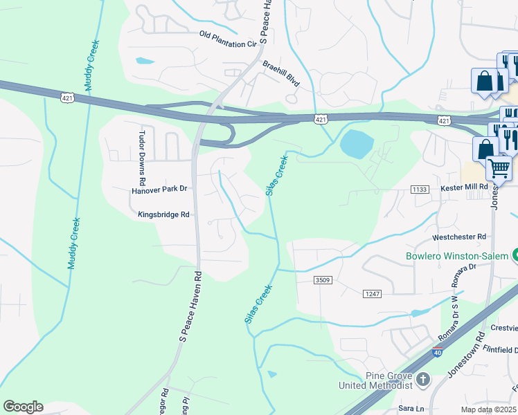 map of restaurants, bars, coffee shops, grocery stores, and more near 5307 Villas Drive in Winston-Salem
