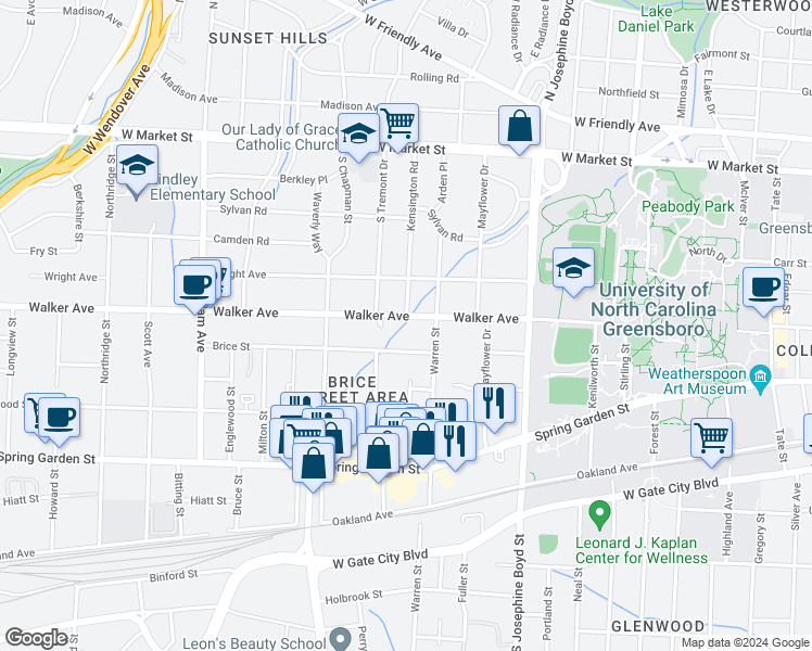 map of restaurants, bars, coffee shops, grocery stores, and more near 1813 Walker Avenue in Greensboro