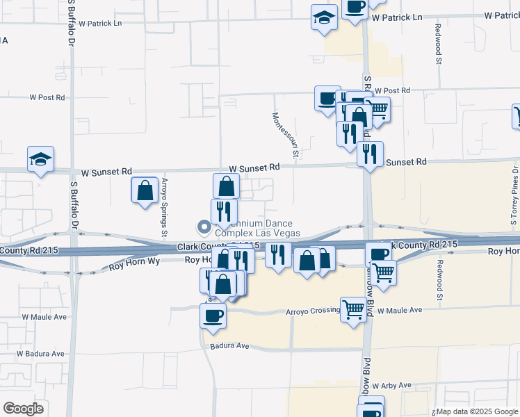 map of restaurants, bars, coffee shops, grocery stores, and more near 7255 West Sunset Road in Las Vegas