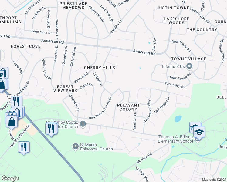 map of restaurants, bars, coffee shops, grocery stores, and more near 3500 Roundwood Forest Drive in Nashville