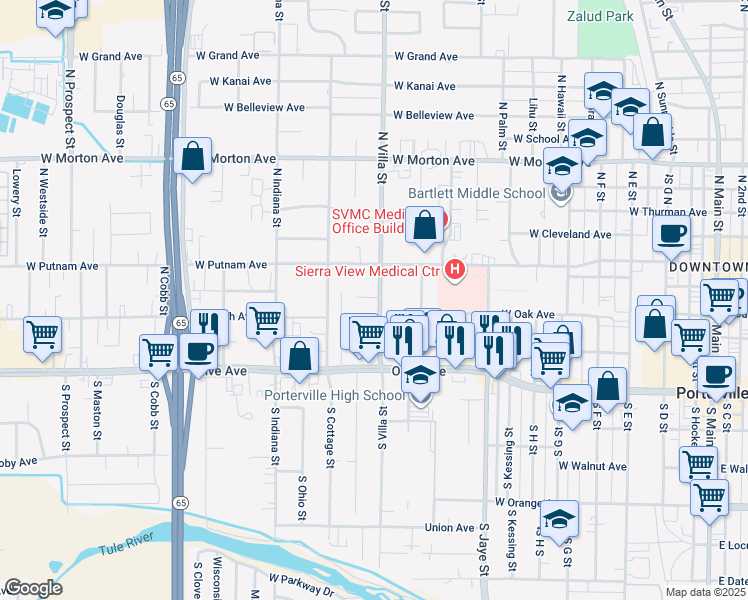 map of restaurants, bars, coffee shops, grocery stores, and more near 131 North Villa Street in Porterville