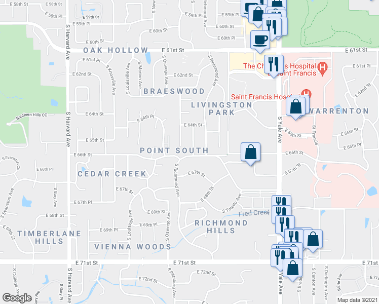 map of restaurants, bars, coffee shops, grocery stores, and more near 6440 South Quebec Avenue in Tulsa