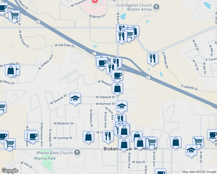 map of restaurants, bars, coffee shops, grocery stores, and more near 701 West Queens Street in Broken Arrow