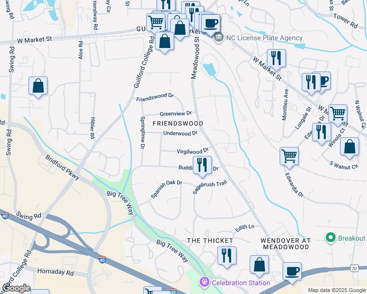 map of restaurants, bars, coffee shops, grocery stores, and more near 5612 Virgilwood Drive in Greensboro