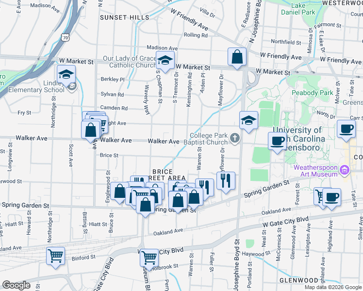 map of restaurants, bars, coffee shops, grocery stores, and more near in Greensboro