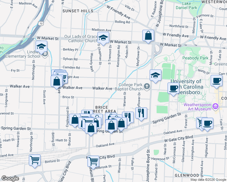 map of restaurants, bars, coffee shops, grocery stores, and more near in Greensboro