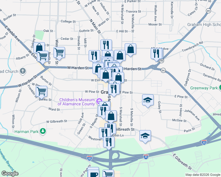 map of restaurants, bars, coffee shops, grocery stores, and more near 122 South Main Street in Graham