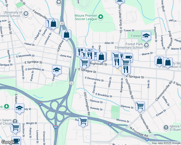 map of restaurants, bars, coffee shops, grocery stores, and more near 628 East Sprague Street in Winston-Salem