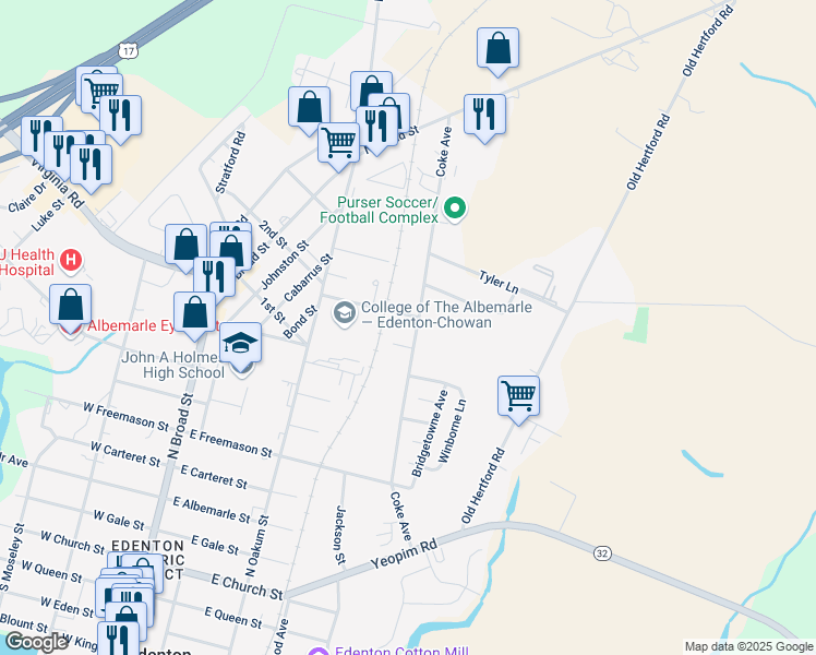 map of restaurants, bars, coffee shops, grocery stores, and more near 305-307 Coke Avenue in Edenton