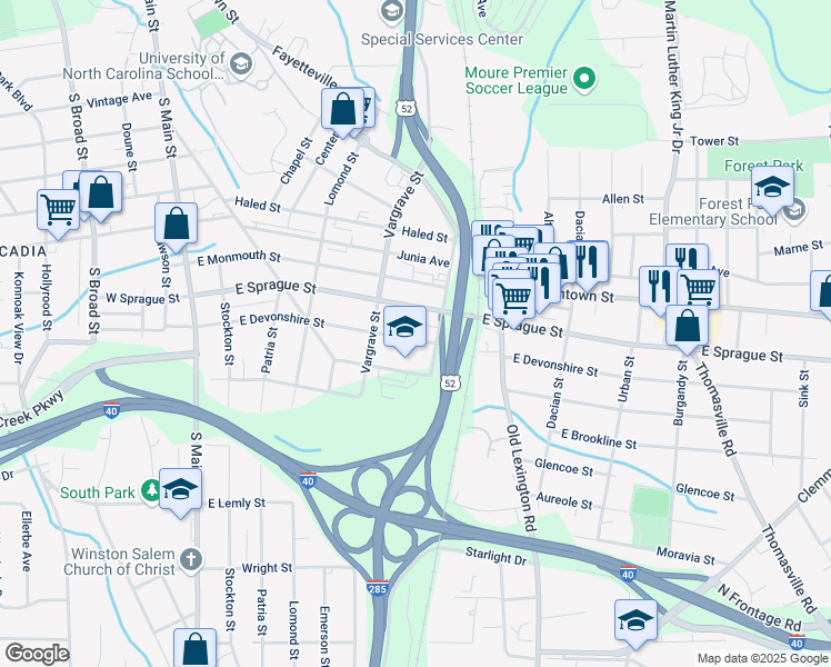map of restaurants, bars, coffee shops, grocery stores, and more near 437 East Devonshire Street in Winston-Salem