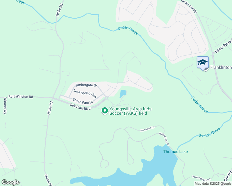 map of restaurants, bars, coffee shops, grocery stores, and more near 250 Oak Park Boulevard in Youngsville