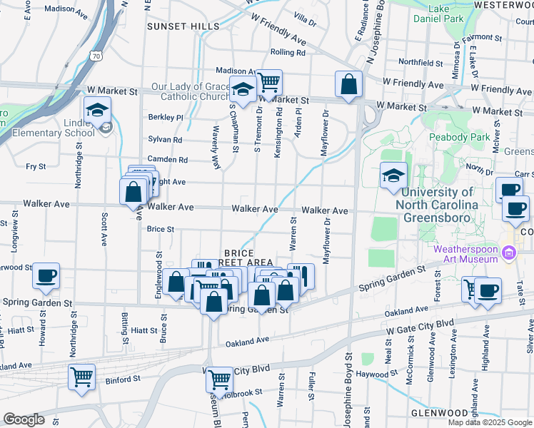 map of restaurants, bars, coffee shops, grocery stores, and more near 1821 Walker Avenue in Greensboro