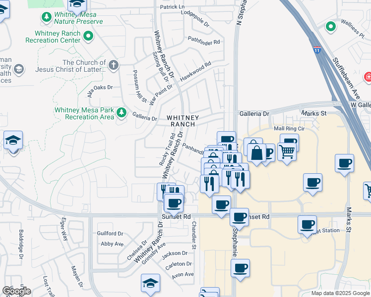 map of restaurants, bars, coffee shops, grocery stores, and more near 1458 Harmony Hill Drive in Henderson