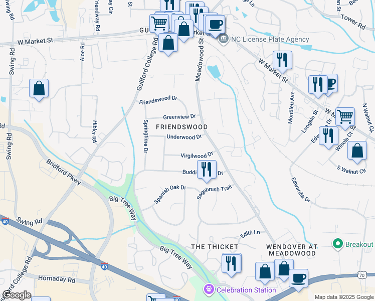 map of restaurants, bars, coffee shops, grocery stores, and more near 5612 Virgilwood Drive in Greensboro