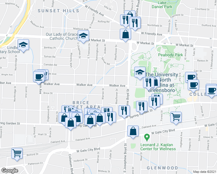 map of restaurants, bars, coffee shops, grocery stores, and more near 1711 Walker Avenue in Greensboro