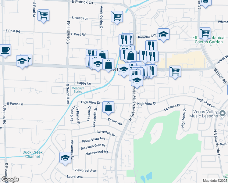 map of restaurants, bars, coffee shops, grocery stores, and more near 6530 Annie Oakley Drive in Henderson