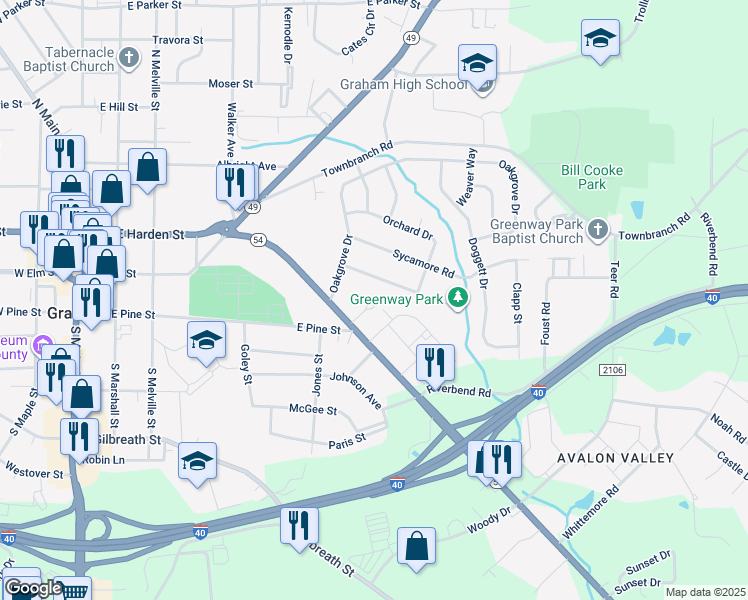 map of restaurants, bars, coffee shops, grocery stores, and more near 709 Brookgreen Terrace in Graham