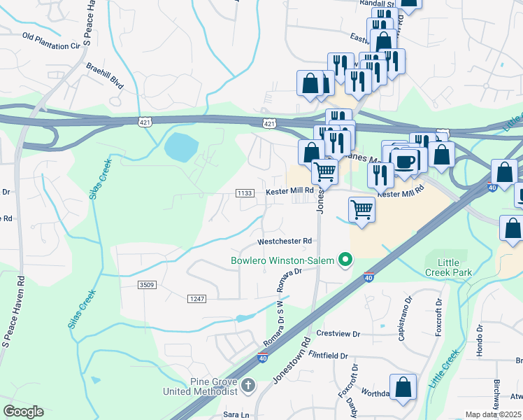 map of restaurants, bars, coffee shops, grocery stores, and more near 4781 Tatton Park Circle in Winston-Salem