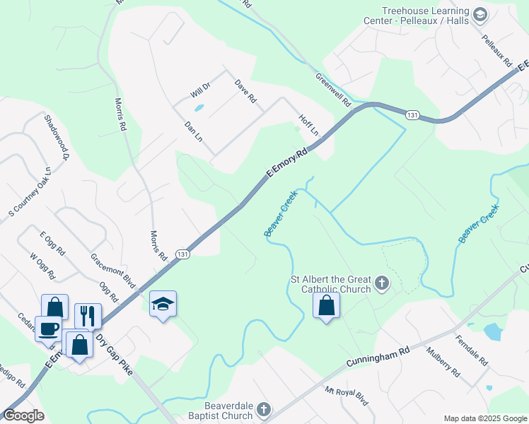 map of restaurants, bars, coffee shops, grocery stores, and more near 2210 East Emory Road in Knoxville