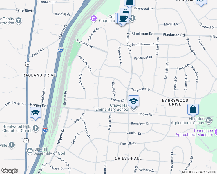 map of restaurants, bars, coffee shops, grocery stores, and more near 525 Barrywood Drive in Nashville