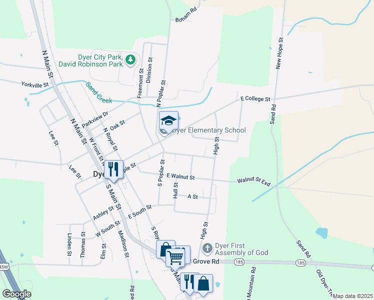 map of restaurants, bars, coffee shops, grocery stores, and more near 127 Peach Street in Dyer