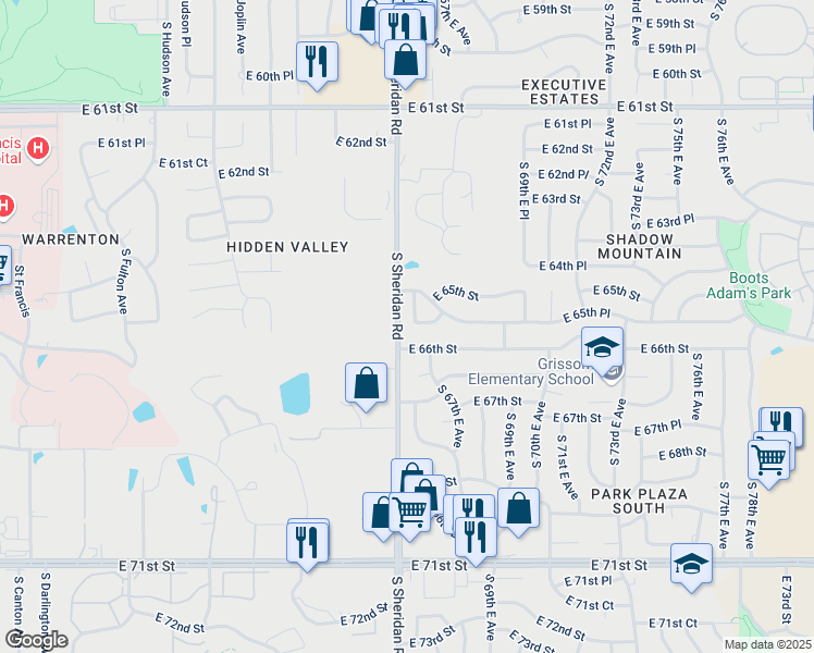 map of restaurants, bars, coffee shops, grocery stores, and more near 6512 South 66th East Avenue in Tulsa