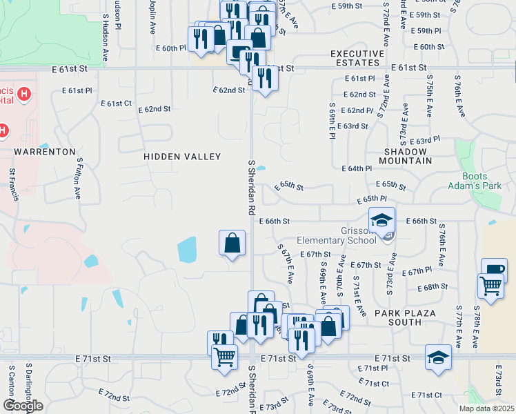 map of restaurants, bars, coffee shops, grocery stores, and more near 6512 South 66th East Avenue in Tulsa