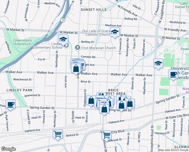 map of restaurants, bars, coffee shops, grocery stores, and more near 2026 Walker Avenue in Greensboro