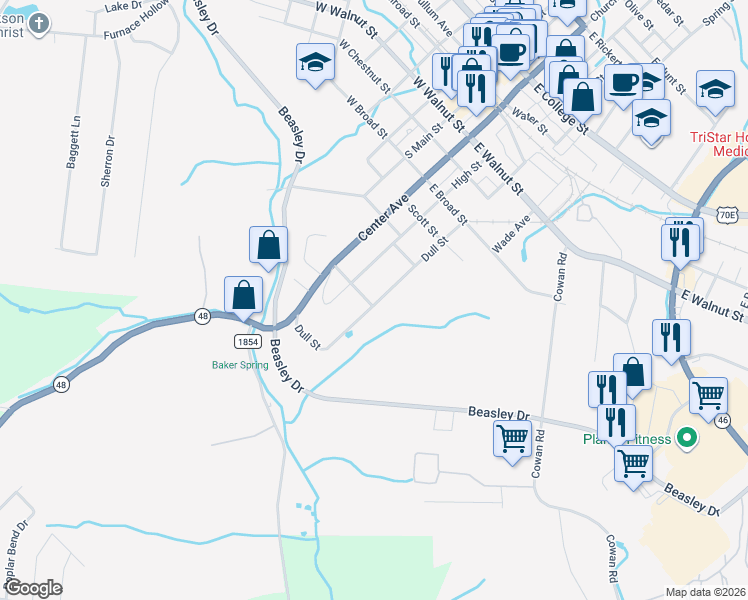 map of restaurants, bars, coffee shops, grocery stores, and more near 502 Dull Street in Dickson
