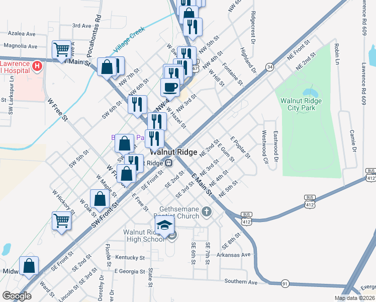 map of restaurants, bars, coffee shops, grocery stores, and more near 302 Northeast Front Street in Walnut Ridge