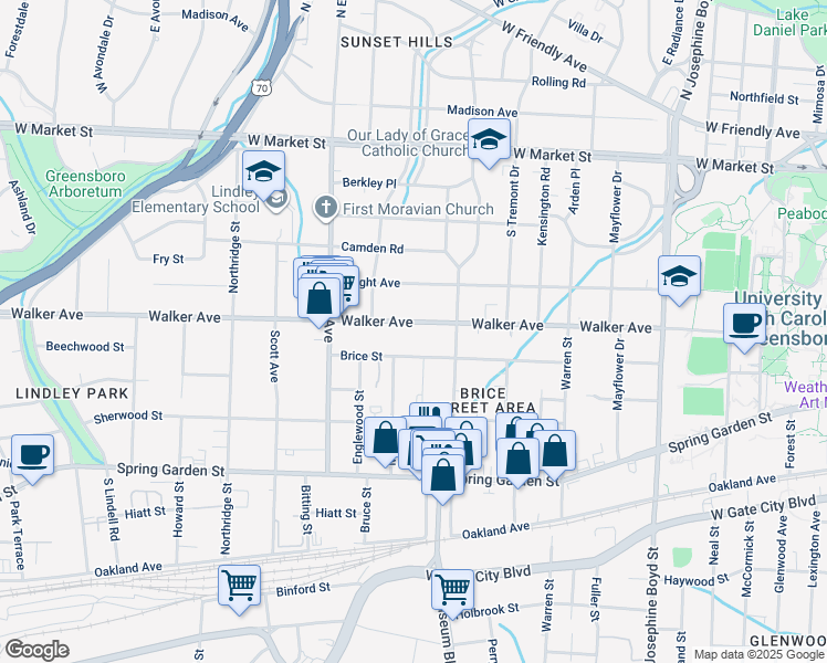 map of restaurants, bars, coffee shops, grocery stores, and more near 2017 Walker Avenue in Greensboro
