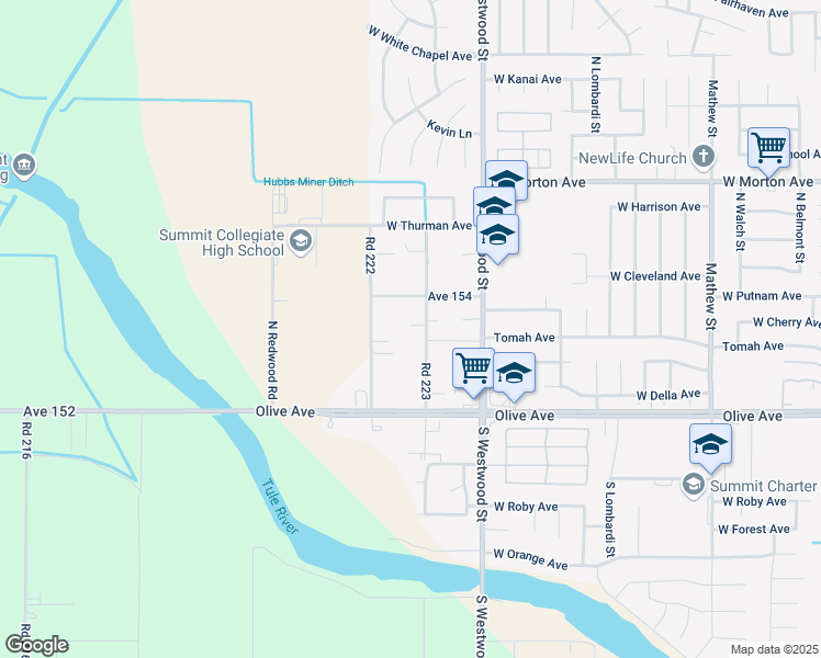 map of restaurants, bars, coffee shops, grocery stores, and more near 15386 Road 223 in Porterville