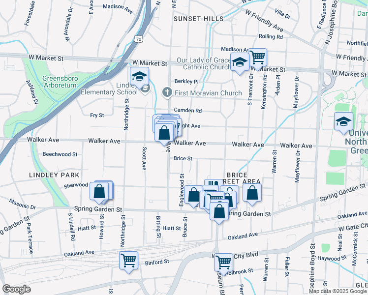 map of restaurants, bars, coffee shops, grocery stores, and more near 2104 Walker Avenue in Greensboro