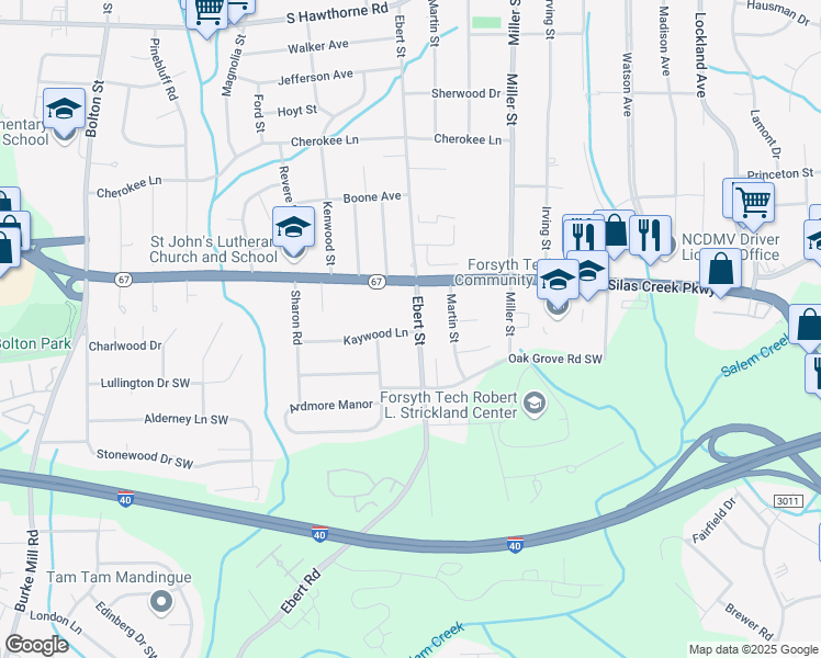 map of restaurants, bars, coffee shops, grocery stores, and more near 1540 Ebert Street in Winston-Salem