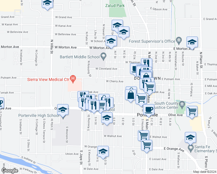 map of restaurants, bars, coffee shops, grocery stores, and more near 158 North G Street in Porterville