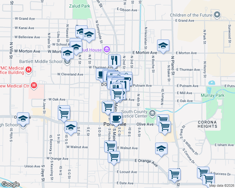 map of restaurants, bars, coffee shops, grocery stores, and more near 170 N Main St in Porterville