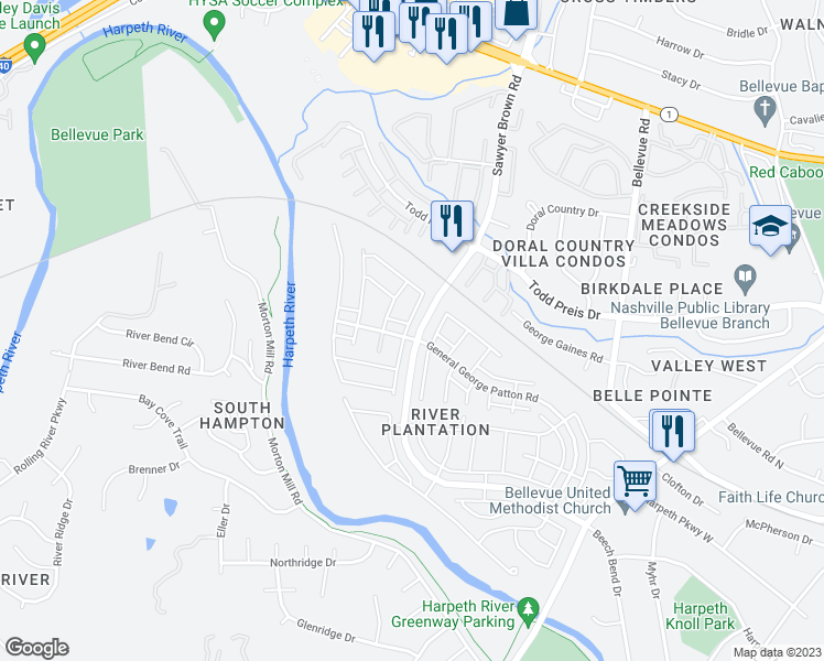 map of restaurants, bars, coffee shops, grocery stores, and more near 1201 General George Patton Road in Nashville