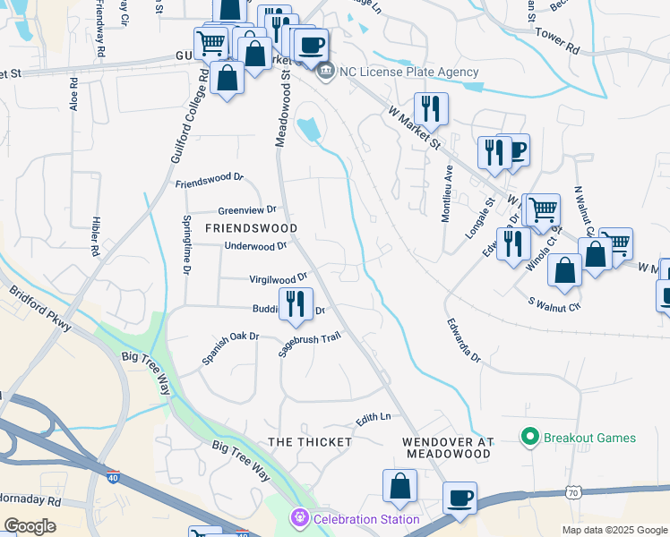 map of restaurants, bars, coffee shops, grocery stores, and more near 25 Brandywine Circle in Greensboro