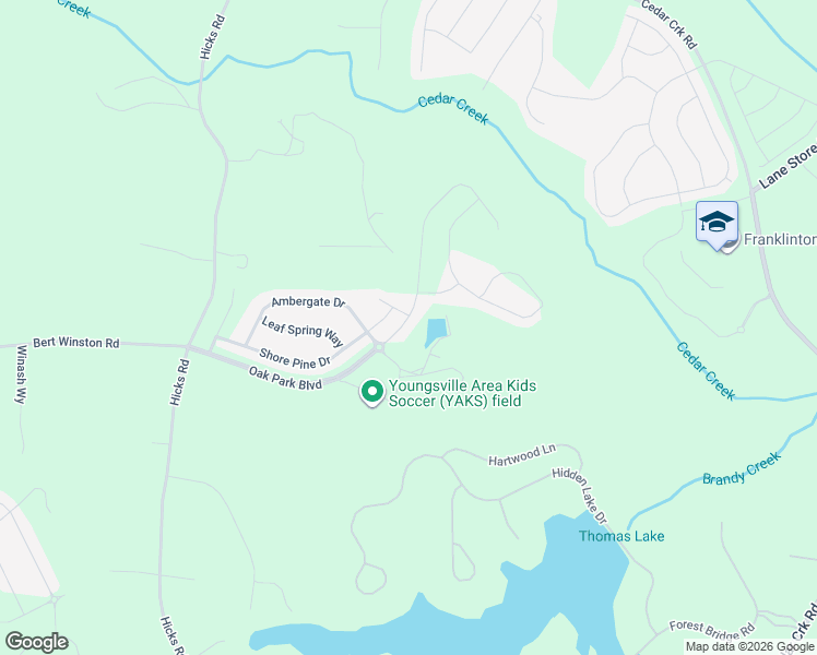 map of restaurants, bars, coffee shops, grocery stores, and more near 250 Oak Park Boulevard in Youngsville