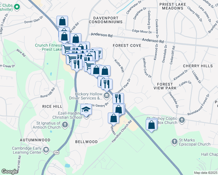 map of restaurants, bars, coffee shops, grocery stores, and more near 2724 Murfreesboro Pike in Nashville