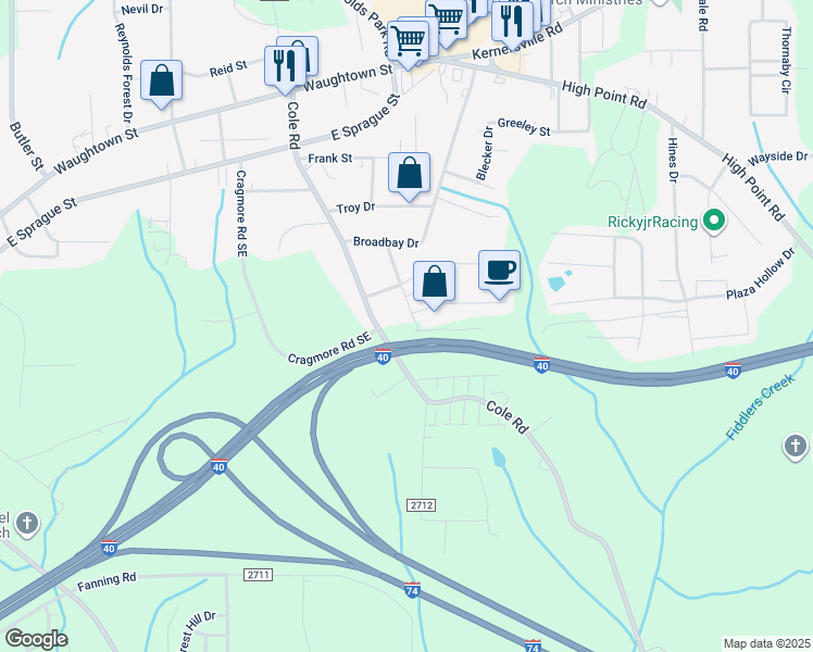 map of restaurants, bars, coffee shops, grocery stores, and more near 2510 Gardenia Road in Winston-Salem
