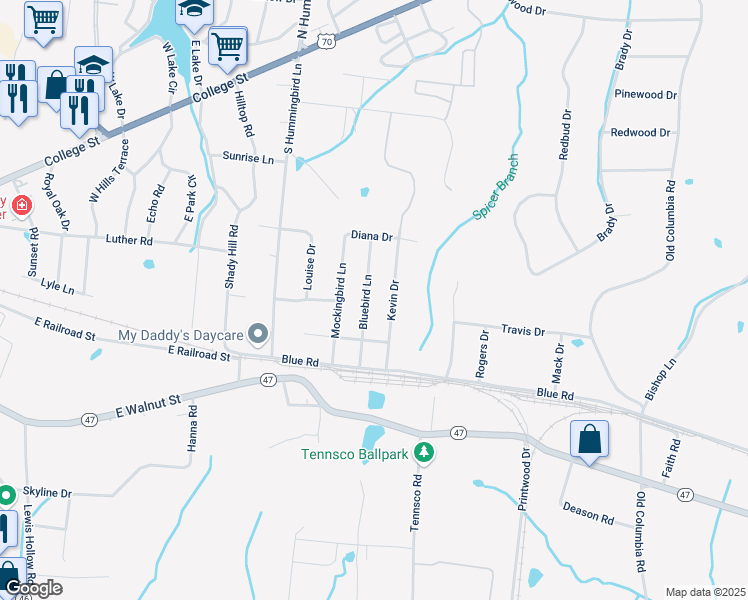 map of restaurants, bars, coffee shops, grocery stores, and more near 310 Kevin Drive in Dickson
