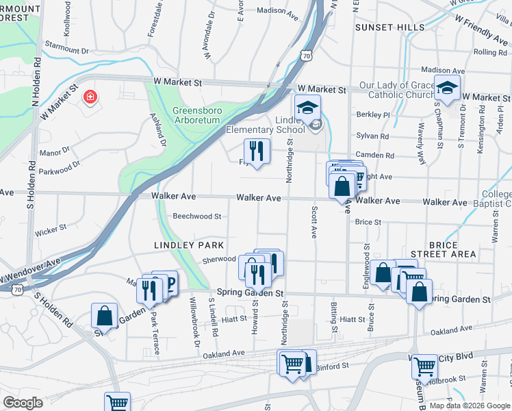 map of restaurants, bars, coffee shops, grocery stores, and more near 2508 Walker Avenue in Greensboro