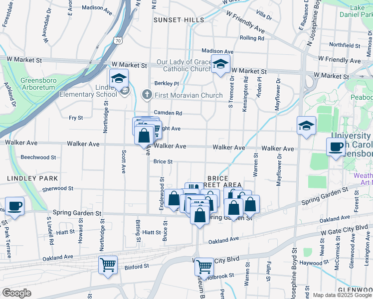 map of restaurants, bars, coffee shops, grocery stores, and more near 2017 Walker Avenue in Greensboro