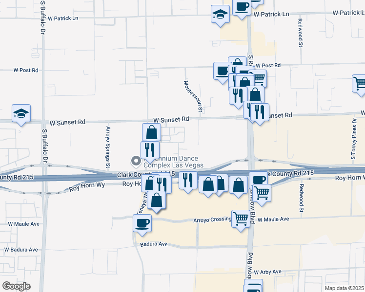 map of restaurants, bars, coffee shops, grocery stores, and more near 7255 West Sunset Road in Las Vegas