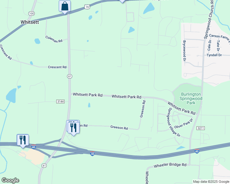 map of restaurants, bars, coffee shops, grocery stores, and more near 7233 Whitsett Park Road in Whitsett