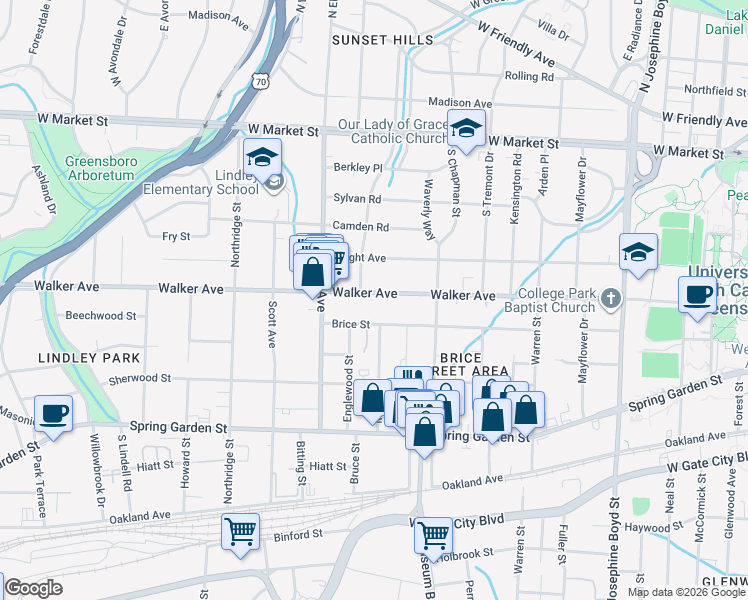 map of restaurants, bars, coffee shops, grocery stores, and more near 2029 Walker Avenue in Greensboro