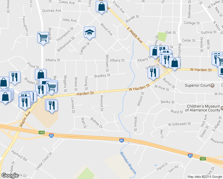 map of restaurants, bars, coffee shops, grocery stores, and more near 223 Harden Street in Burlington