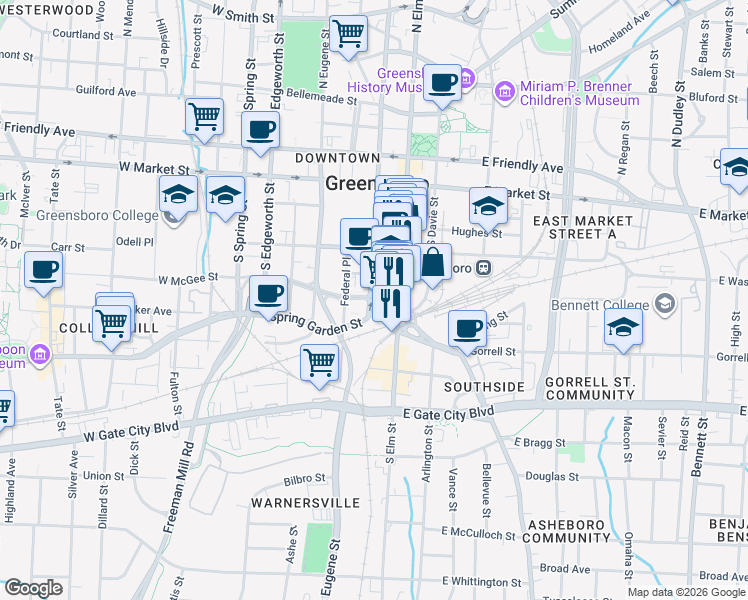 map of restaurants, bars, coffee shops, grocery stores, and more near 332 South Elm Street in Greensboro