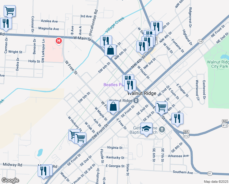 map of restaurants, bars, coffee shops, grocery stores, and more near 317 West Vine Street in Walnut Ridge